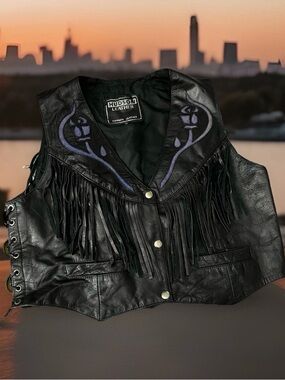 Vintage Hudson Woman’s Biker Vest Black Leather Fringe Snaps Large